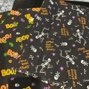 Rare Hallmark SHAKE RATTLE ROLL Skeleton and Boo Halloween Fabric 2 Remnants yds